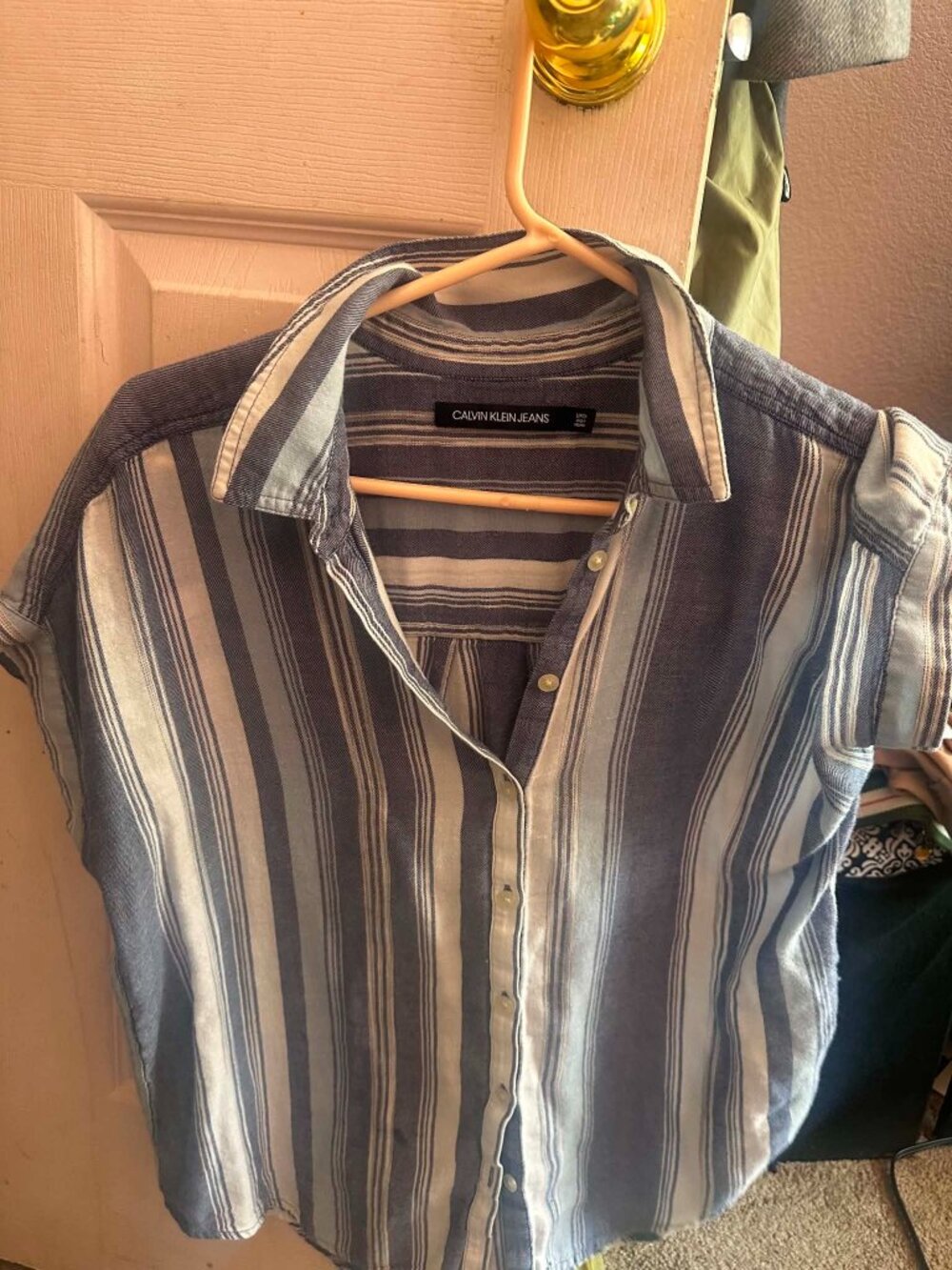 Calvin Klein Blue and White Vertical Striped Short Sleeve Button Down Shirt
